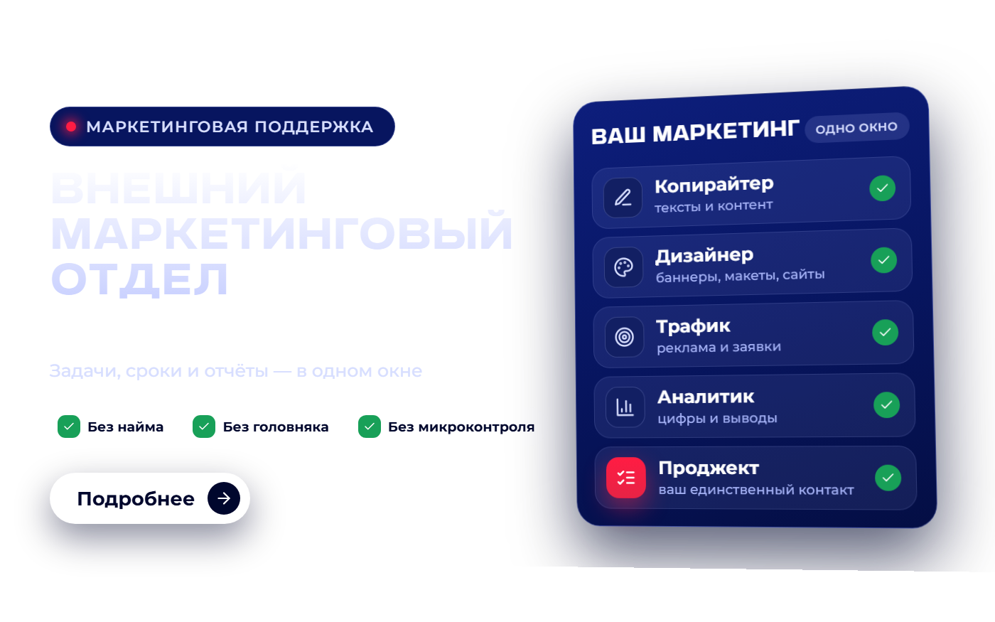 Маркетинговая поддержка: внешний маркетинговый отдел по цене одного специалиста